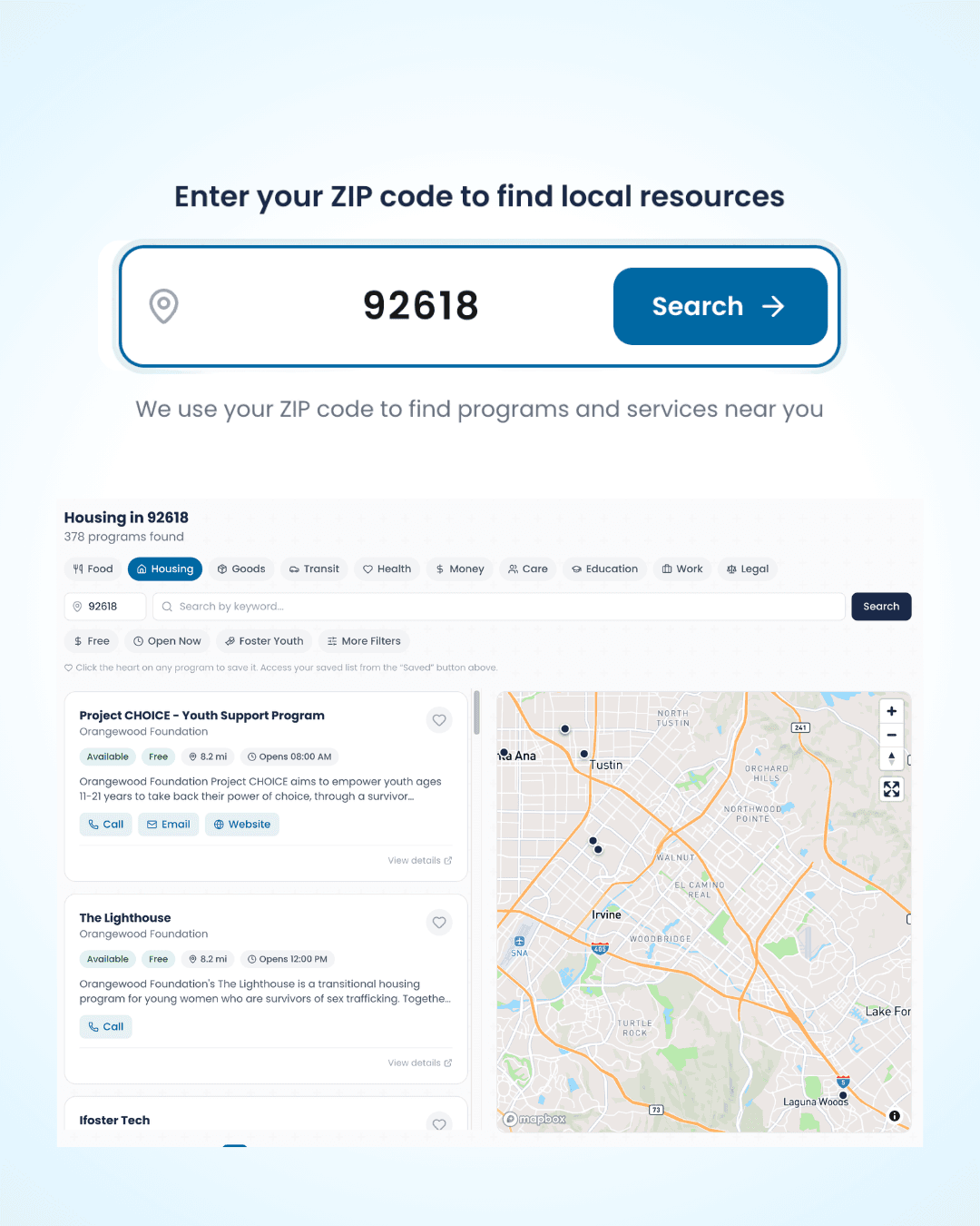 Foster Greatness Resource Finder tool showing local food support programs near a ZIP code