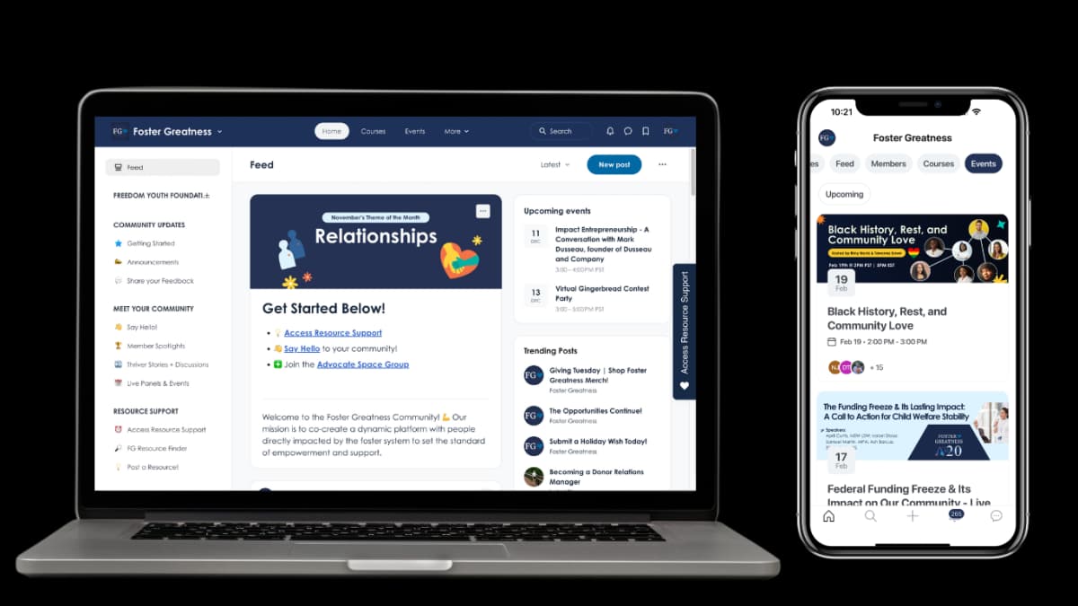 Foster Greatness community platform showing feed, events, and support options